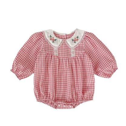 Baby Clothes Spring Autumn New Style Girl KPlaid Embroidered Collar Romper Cute Turn-down Collar Bodysuit Crawling Suit Cotton