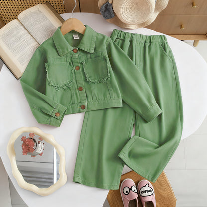 Fashionable Denim Jacket and Wide Leg Pants Two-Piece Set for Girls, Casual Style, Spring and Autumn Wear
