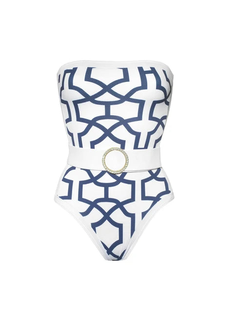 Women's Geometric Print One Piece Swimsuits Cover Up Fashion Bikinis Sets Strapless Bandage Swimwear Bathing Suit Beachwear