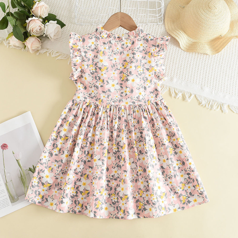 Cute Floral Print Dress for Girls with Stand Collar and Flutter Sleeves, Buttoned Baby Doll Style, Fresh and Charming Summer Dress
