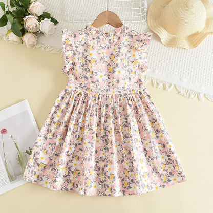 Cute Floral Print Dress for Girls with Stand Collar and Flutter Sleeves, Buttoned Baby Doll Style, Fresh and Charming Summer Dress