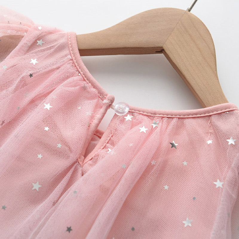 Summer New Girls' Star Mesh Gradient Dress with Cartoon Flying Pony Print, Princess Dress, Unicorn Tulle Dress