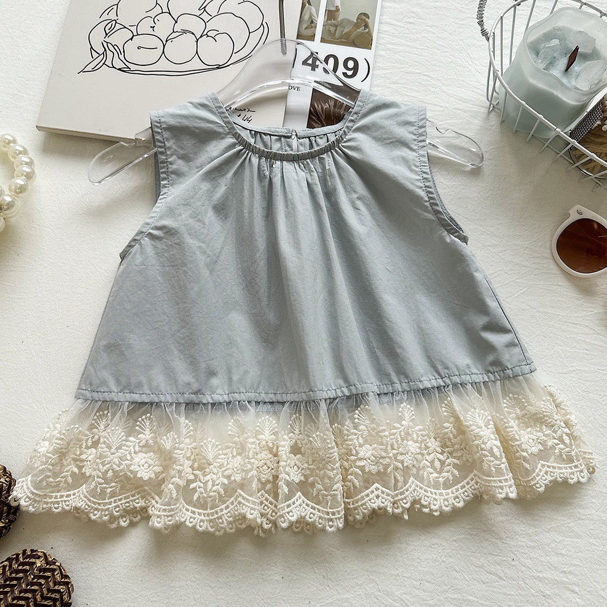 Summer Girls' Set New Sleeveless Lace Trim Top with Ruffle Wide-Leg Pants Casual Two-Piece Set