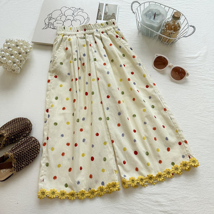 Summer Girls' Set Colorful Polka Dot Sleeveless Top Ruffled Wide-Leg Pants Stylish Two-Piece Outfit