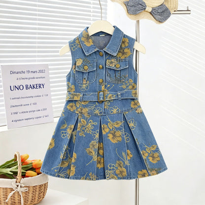 Girls' Sleeveless Denim Dress with Floral Print, High-Waisted Turn-Down Collar, Lightweight Backless Dress, Fashion Style