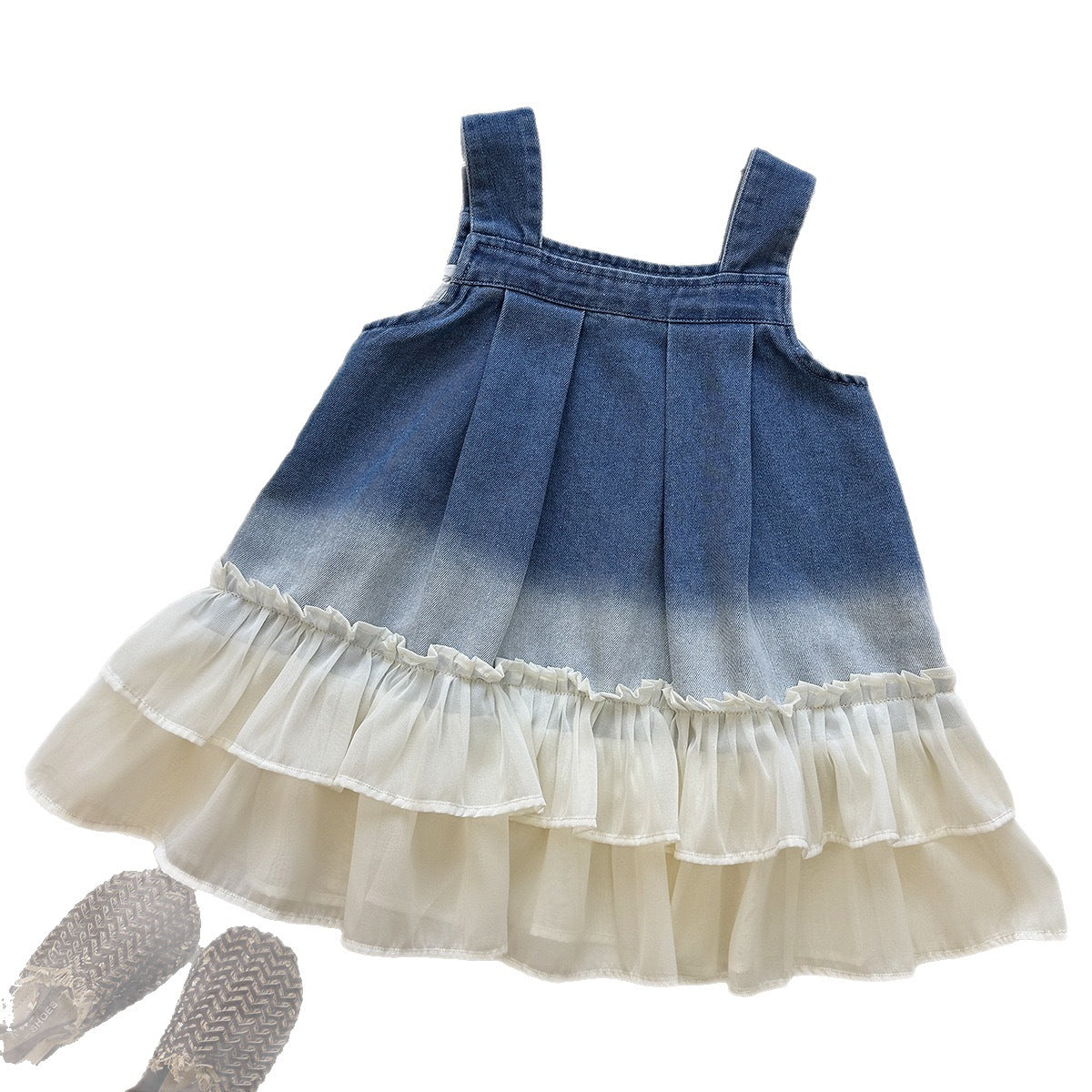 Cute Girl's Dress Summer Fashion Denim Spliced Tulle Strap Dress Elegant Princess Dress