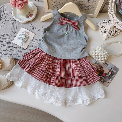 Summer Girls' Outfit Set New Bow Top with Checkered Lace Trim Layered Skirt Two-Piece Set