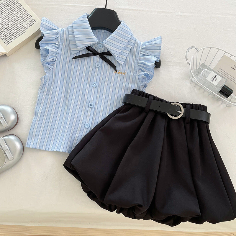 Cute Stripe Flutter Sleeve Top Set for Girls, Princess Style Bloomer Shorts Two-Piece Outfit, Summer Fashion