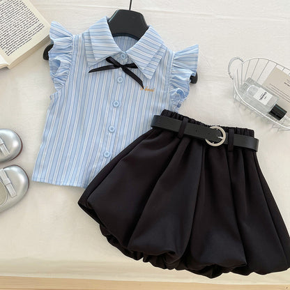 Cute Stripe Flutter Sleeve Top Set for Girls, Princess Style Bloomer Shorts Two-Piece Outfit, Summer Fashion