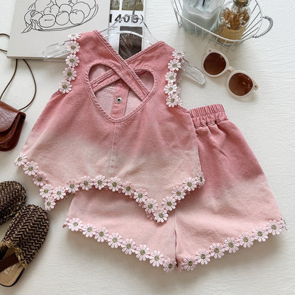Summer Girls' Set Floral Denim Vest with Ruffled Shorts Casual Two-Piece Outfit