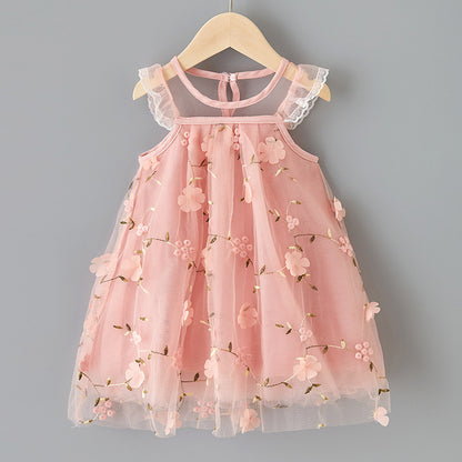 Embroidered Lace Tulle Dress for Girls Summer Fashion Charming Princess Dress with Delicate Embroidery and Layered Tulle Skirt