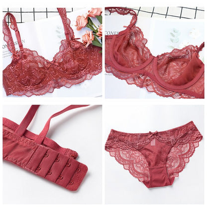 Sexy Lace Ultra Thin Transparent Bra and Panties Set Large Size Underwear Set Lingerie Women Brassieres A B C D E Cup 95C 95D