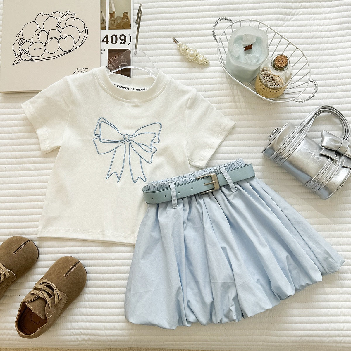 Summer Girl's Outfit Set New  Short Sleeve Bow T-Shirt and Bloomer Shorts Two-Piece Set