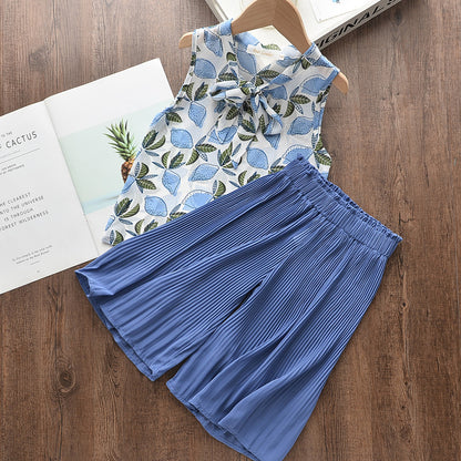 Korean Style Summer Lightweight Chiffon Sleeveless Blouse with Bow + Wide-Leg Pants Two-Piece Set for Kids