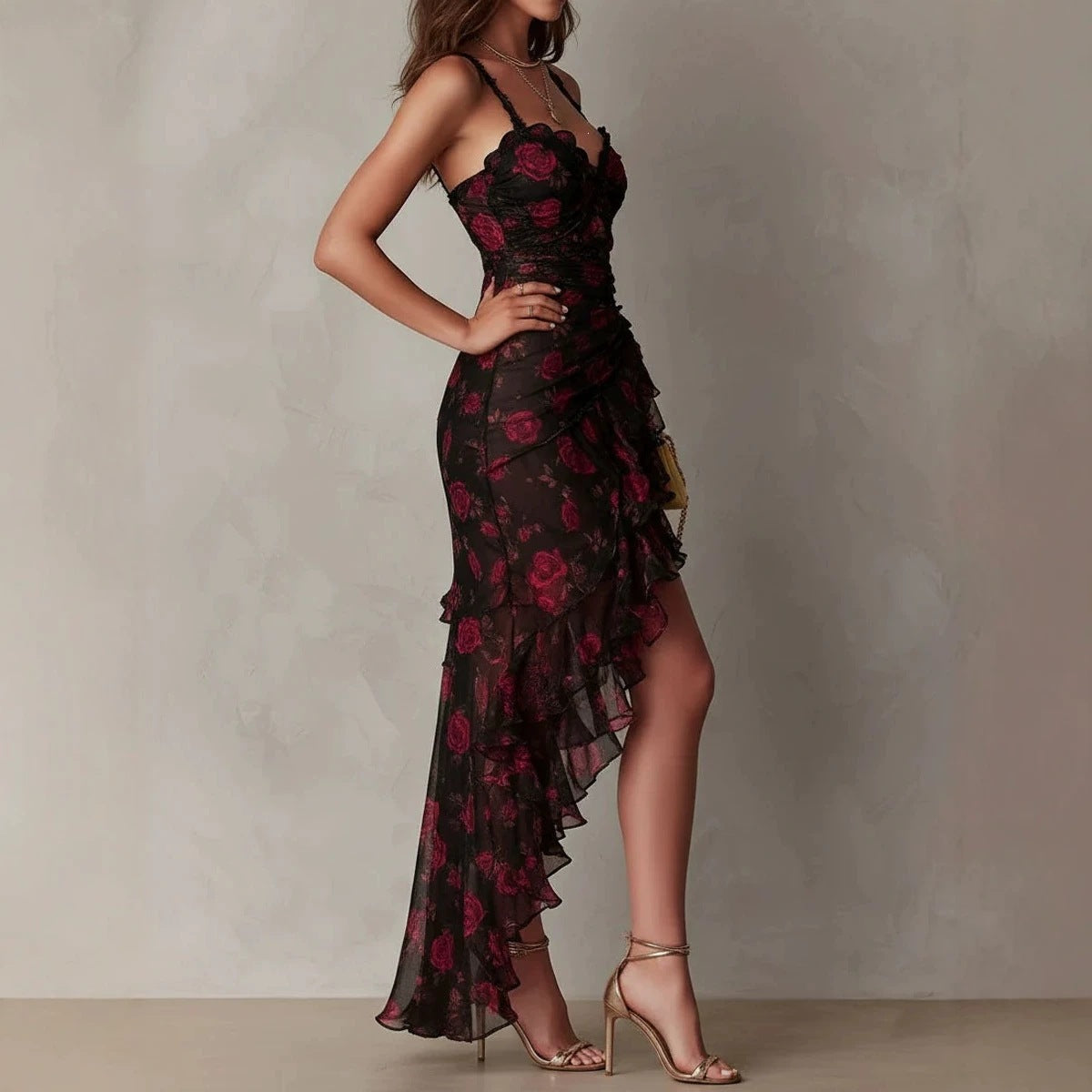 Style Floral Print Strap Irregular Ruffle Hem A-Line Dress