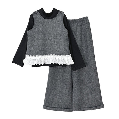 Chic Wool Vest Set for Girls - Long Sleeve Top  Autumn Fashion 3-Piece Outfit