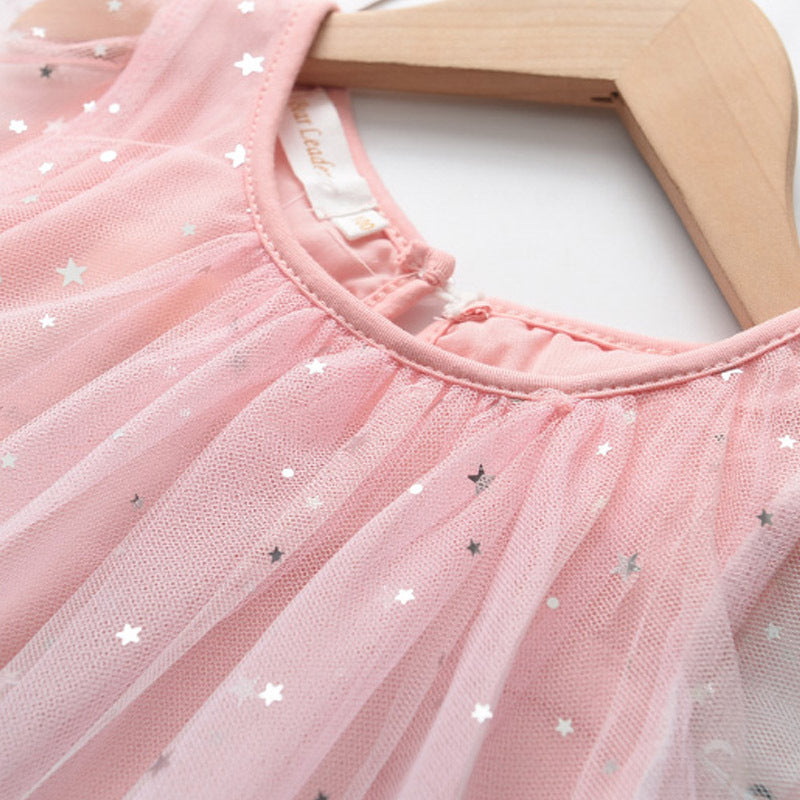 Summer New Girls' Star Mesh Gradient Dress with Cartoon Flying Pony Print, Princess Dress, Unicorn Tulle Dress