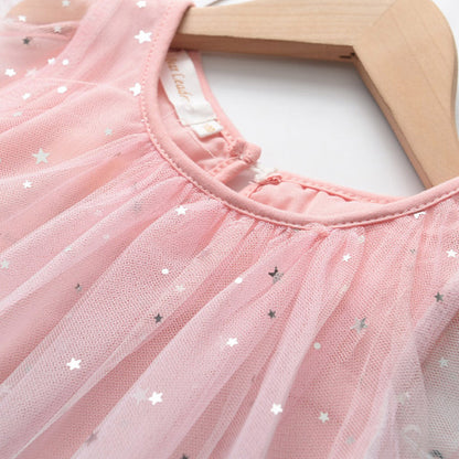 Summer New Girls' Star Mesh Gradient Dress with Cartoon Flying Pony Print, Princess Dress, Unicorn Tulle Dress