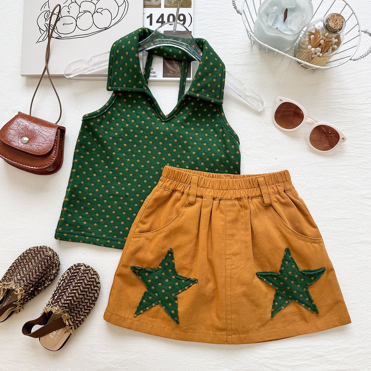 Cute Girls' Summer SetPolka Dot Crop Top with Star Applique Mini Skirt Two-Piece Outfit
