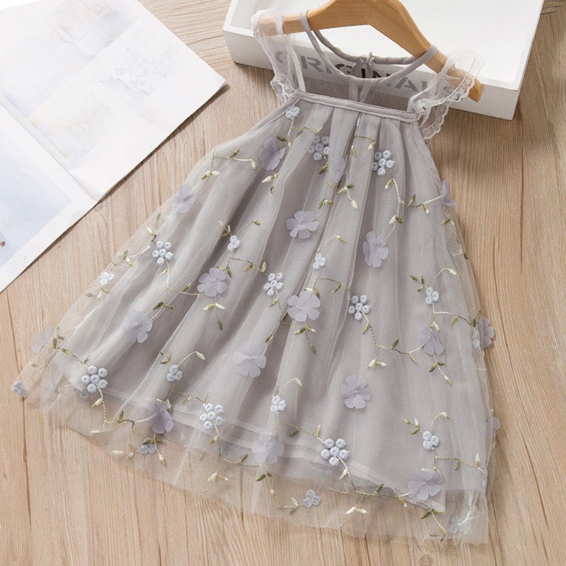 Embroidered Lace Tulle Dress for Girls Summer Fashion Charming Princess Dress with Delicate Embroidery and Layered Tulle Skirt