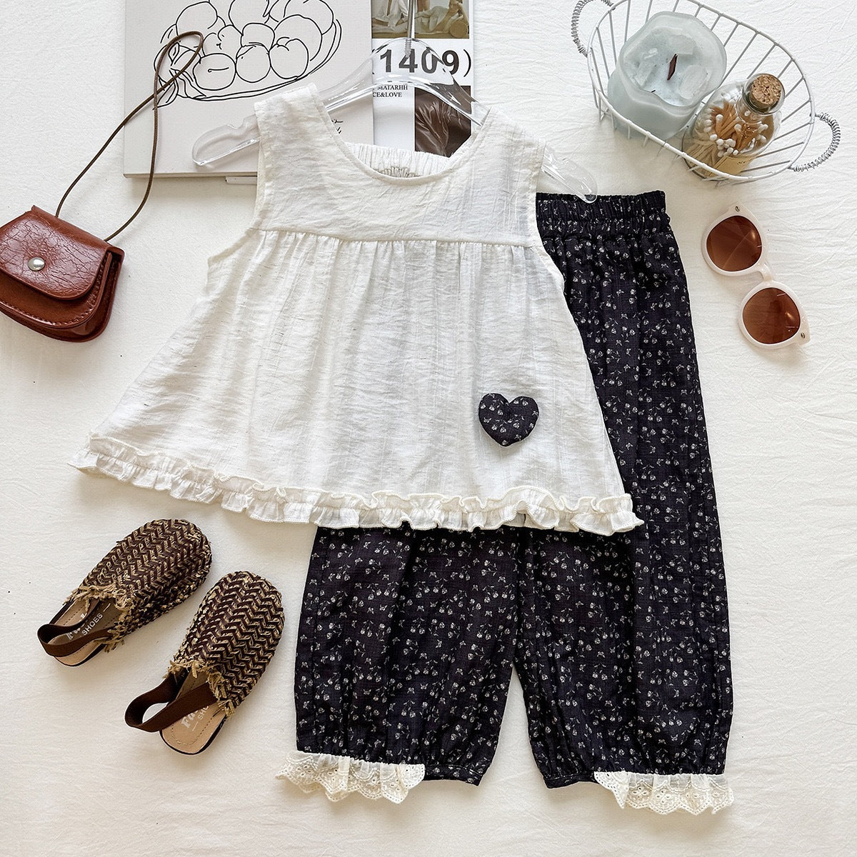 Summer Girls' Outfit Set Fashion Sleeveless Crop Top Floral Long Pants Casual Two-Piece Set