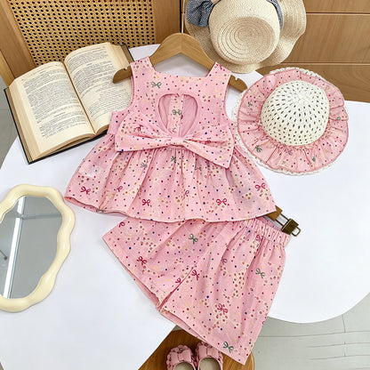 Cute Butterfly Knot Embroidered Sleeveless Top and Shorts Two-Piece Set for Girls with Hat Included