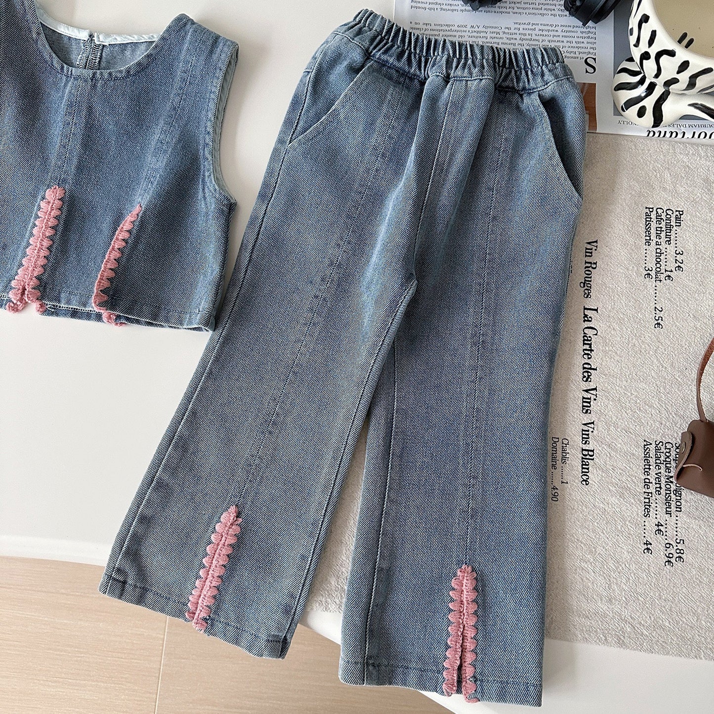 Charming Autumn New Three-Piece Set for Girls: Shirt + Denim Vest + Wide-Leg Pants