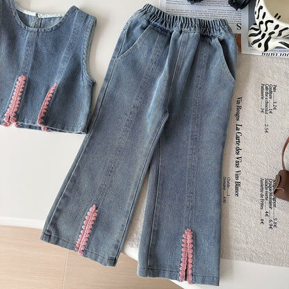 Charming Autumn New Three-Piece Set for Girls: Shirt + Denim Vest + Wide-Leg Pants