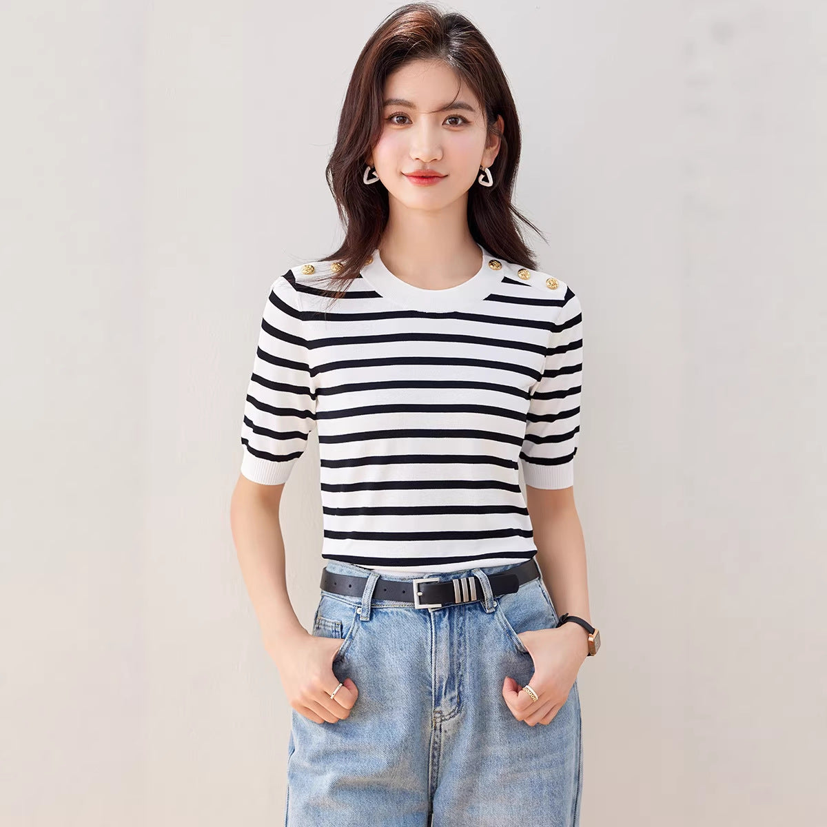 Striped T-Shirt Short Sleeve Women's Summer Fashion E Fitted Versatile High-End Top