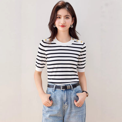 Striped T-Shirt Short Sleeve Women's Summer Fashion E Fitted Versatile High-End Top