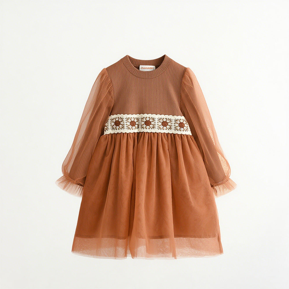 Round Neck Floral Lace Trim Tulle Long Sleeve Dress for Girls Princess Dress