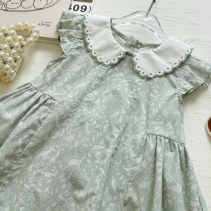 Cute Embroidered Peter Pan Collar Dress for Girls, Light Green Floral Print Flutter Sleeve Princess Dress