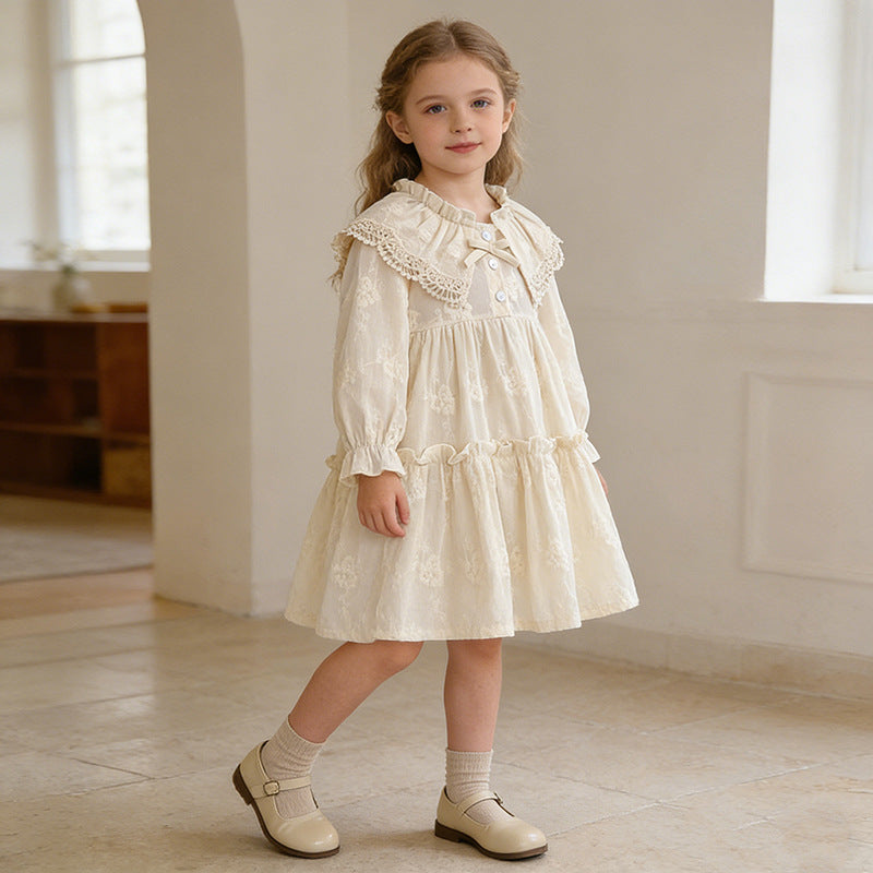 Girls' Dress Spring Autumn New French Lace Trim Large Turn-Down Collar Long Sleeve Princess Dress Children's Clothing
