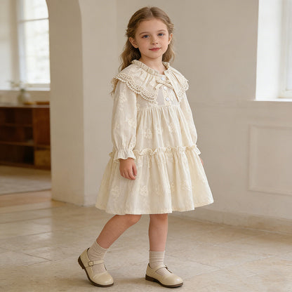 Girls' Dress Spring Autumn New French Lace Trim Large Turn-Down Collar Long Sleeve Princess Dress Children's Clothing