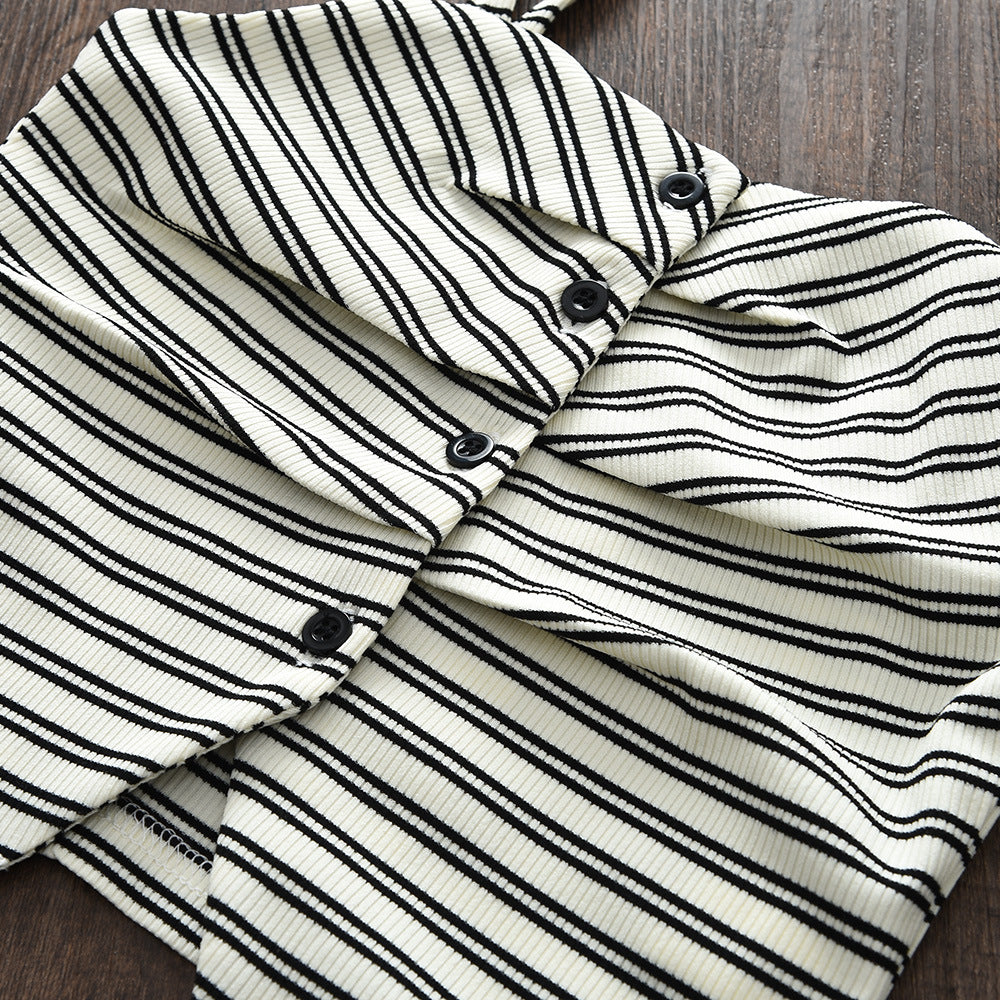 Children's Summer Outfit Set, Stylish Design with Pleated Stripe Strap Shorts Two-Piece Set, Casual Fashion for Girls
