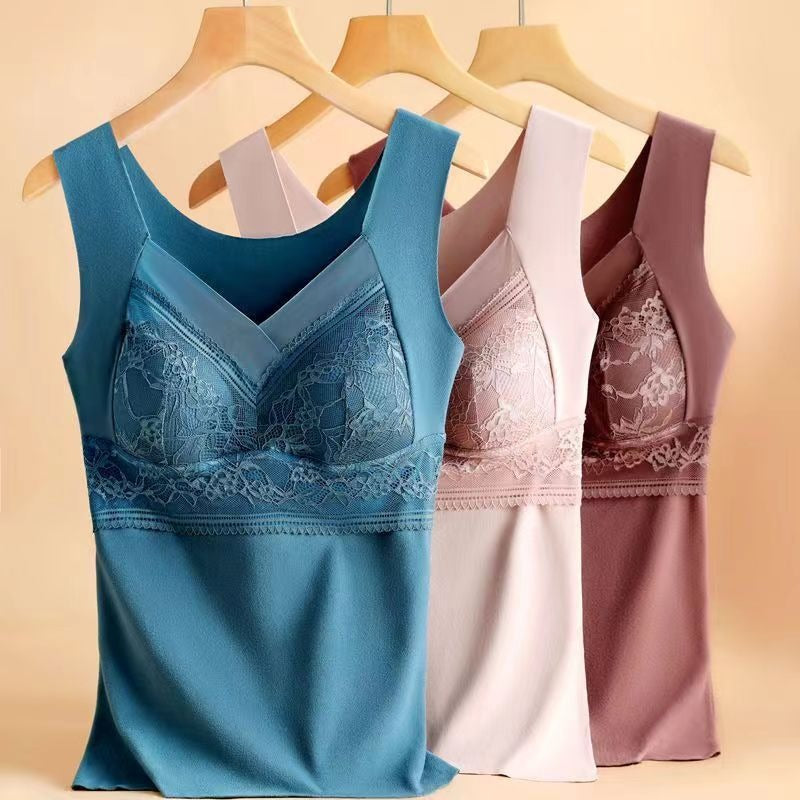 De Rong Warm Vest for Women Double sided Brushed with Chest Pads Slim Fit Bottom Heating Warm Underwear for Women