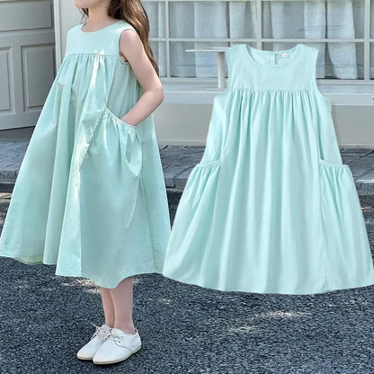 Fresh Mint Color Sleeveless Cotton Cool-Feeling A-Line Princess Dress