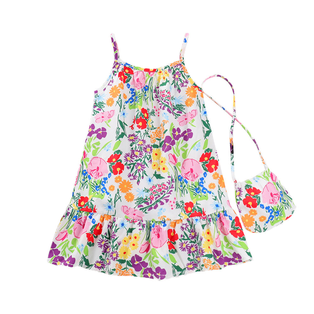Girls' Summer New Style Dress, Children's Floral Dress, Baby Girl Ethnic Style Flower Dress, Strap Dress