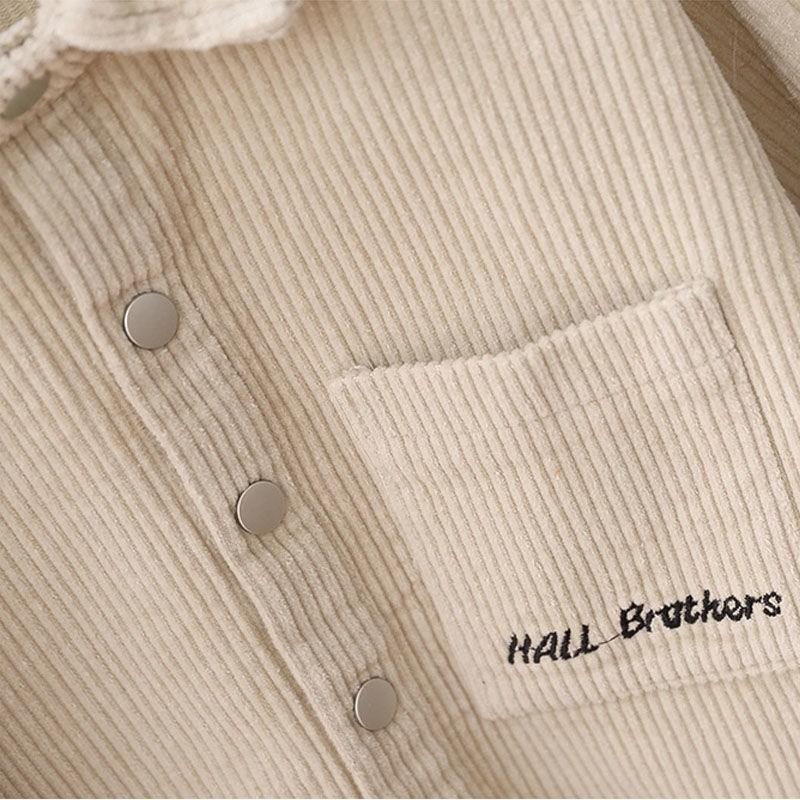 Elastic Corduroy Top with Color-Blocked Turn-Down Collar