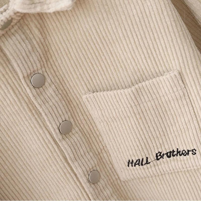 Elastic Corduroy Top with Color-Blocked Turn-Down Collar