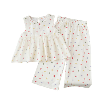Children's Clothing Summer Girls' Sleeveless Colorful Polka Dot Set, Baby Girl Tank Top with Lace Two-Piece Outfit
