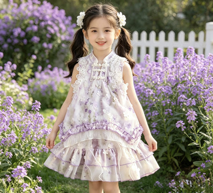 Girl's Summer Set New Chinese Style 3D Flower Vest Top Short Skirt National Style Princess Two-Piece Set