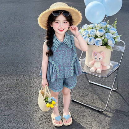Summer Girls' Set Printed Tank Top with Ruffled Shorts Two-Piece Outfit for Kids