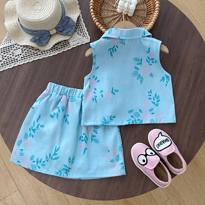 Cute Floral Print Set for Girls, Collarless Vest and Short Skirt Two-Piece Outfit, Summer Fashion Style