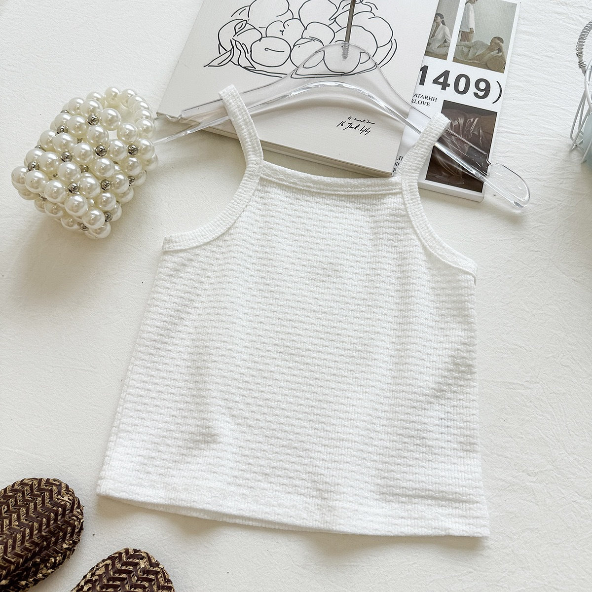 Summer Girls' Outfit Set New Mesh Ruffle Vest Strap Top Bubble Shorts Three-Piece Set Foreign Trade