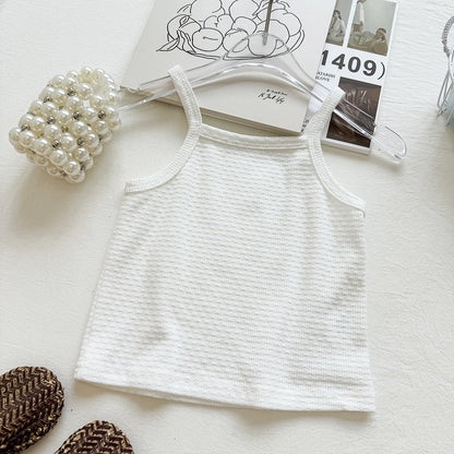 Summer Girls' Outfit Set New Mesh Ruffle Vest Strap Top Bubble Shorts Three-Piece Set Foreign Trade