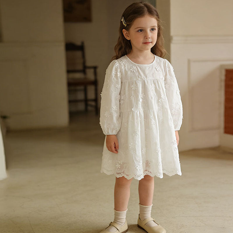 Girls' Dress Spring New Style Fashion White Long Sleeve Embroidered Charming Princess Dress for Children