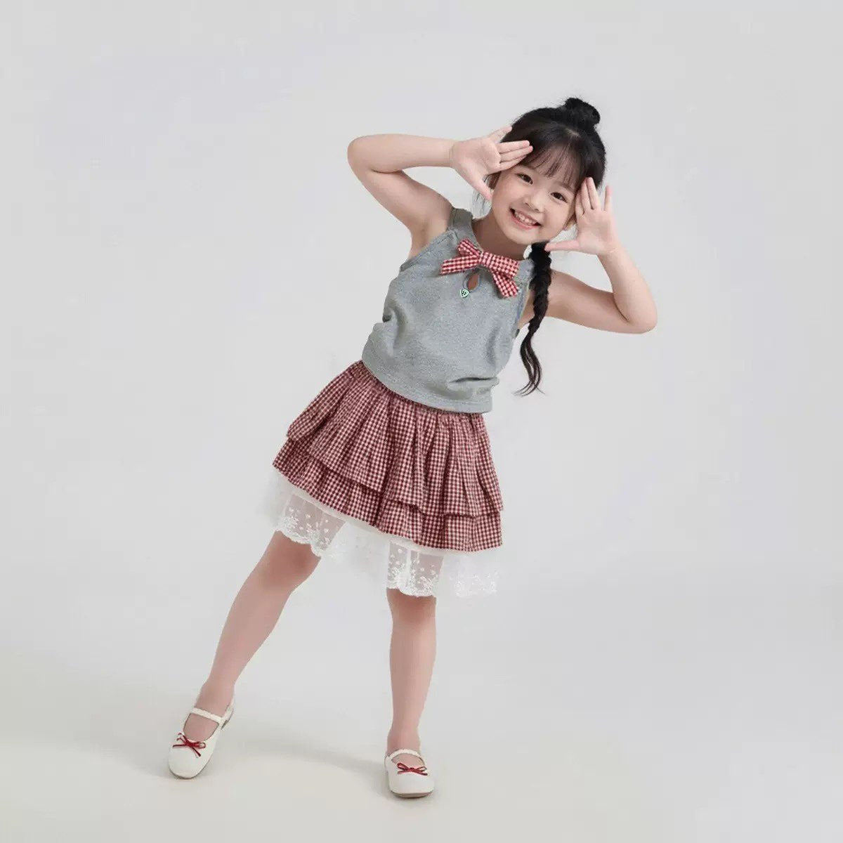 Summer Girls' Outfit Set New Bow Top with Checkered Lace Trim Layered Skirt Two-Piece Set