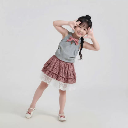 Summer Girls' Outfit Set New Bow Top with Checkered Lace Trim Layered Skirt Two-Piece Set