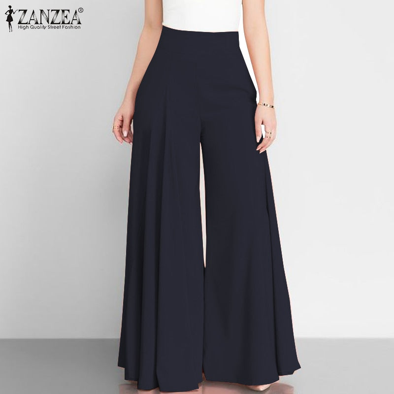 Pantalon élégant taille haute à jambes larges pour femme, style vintage printanier, coupe évasée, uni, fermeture éclair, palazzo